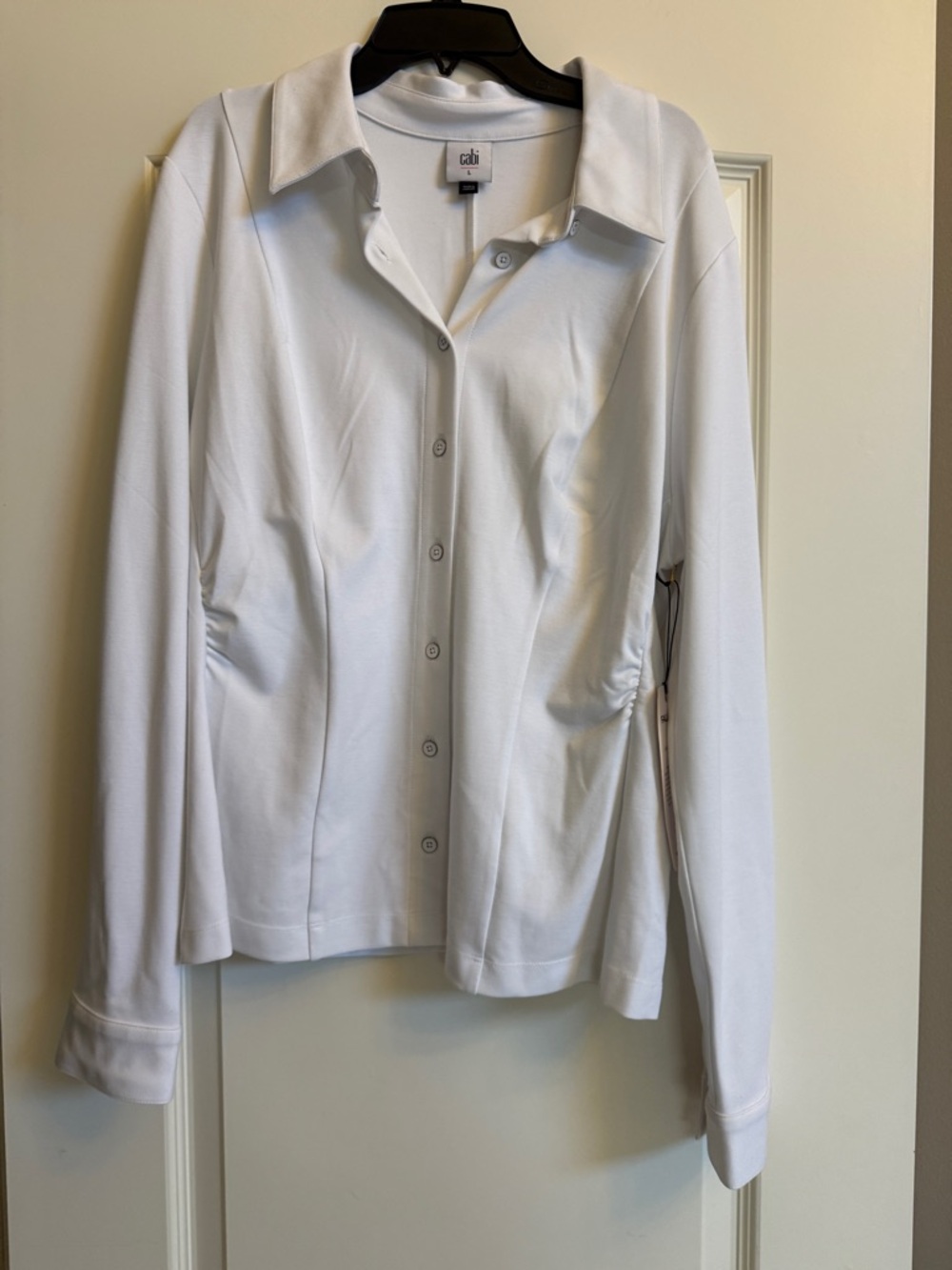 CAbi Perfect Top. White Button-Front Long Sleeve Shirt